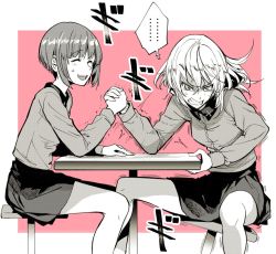 Rule 34 | ..., 10s, 2girls, arm wrestling, bonkara (sokuseki maou), clenched teeth, commentary request, closed eyes, female focus, girls und panzer, grimace, hand on table, holding, itsumi erika, military, military uniform, monochrome, multiple girls, nishizumi miho, open mouth, own hands clasped, own hands together, short hair, sitting, sketch, skirt, smile, spoken ellipsis, spread legs, stool, sweatdrop, table, teeth, trembling, uniform