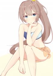 Rule 34 | 10s, 1girl, :o, arm rest, bare arms, bare legs, bare shoulders, bikini, blush, brown hair, day mello, flat chest, gradient background, grey eyes, groin, hair ornament, hair ribbon, head rest, kantai collection, kazagumo (kancolle), knees together feet apart, long hair, looking to the side, navel, polka dot, ponytail, ribbon, sarong, see-through, see-through sarong, simple background, sitting, solo, swimsuit, tsurime