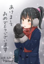 Rule 34 | 1girl, bag, black coat, black hair, black mittens, breath, coat, earmuffs, highres, long hair, malcorond, mittens, original, own hands together, ponytail, red scarf, scarf, snow, snowing, solo, upper body