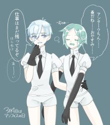 Rule 34 | 2others, alternate costume, androgynous, antarcticite, blue eyes, closed eyes, colored eyelashes, colored skin, crystal hair, elbow gloves, eyes visible through hair, gem uniform (houseki no kuni), gloves, green hair, hand on another&#039;s hip, hand to own mouth, highres, houseki no kuni, long bangs, multiple others, necktie, phosphophyllite, short hair, sleepy, smile, translation request, white eyes, white hair, white skin