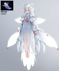Rule 34 | 1girl, barefoot, dress, extra eyes, grey background, grey eyes, heart (organ), highres, long hair, monster girl, original, personification, photo inset, plantar flexion, reference inset, ribs, rinotuna, sea angel, see-through, smile, tentacle hair, transparent, veins, very long hair, white dress, white hair