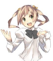 Rule 34 | 10s, 1girl, :d, bow, brown hair, green eyes, hair bobbles, hair ornament, ibarazaki emi, katawa shoujo, looking back, open mouth, school uniform, short hair, simple background, smile, solo, twintails, weee (raemz), white background