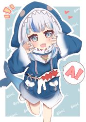 Rule 34 | 1girl, :d, a (phrase), animal hood, blue background, blue eyes, blue hair, blue hoodie, blue nails, blush, commentary request, drawstring, fins, fish tail, gawr gura, gawr gura (1st costume), grey hair, hands up, heart, highres, hololive, hololive english, hood, hood up, hoodie, long sleeves, looking at viewer, multicolored hair, nail polish, notice lines, open mouth, ridy (ri sui), shark hood, shark tail, sharp teeth, sleeves past wrists, smile, solo, speech bubble, standing, standing on one leg, streaked hair, tail, teeth, two-tone background, v-shaped eyebrows, virtual youtuber, white background, wide sleeves