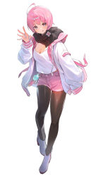 Rule 34 | 1girl, absurdres, ahoge, black pantyhose, blush, breasts, camisole, cleavage, closed mouth, hand up, high heels, highres, jacket, long sleeves, looking at viewer, medium breasts, open clothes, open jacket, original, pantyhose, pink eyes, pink hair, pink shorts, scarf, shirt tucked in, shorts, simple background, smile, solo, tongue, tongue out, waving, white background, white camisole, white footwear, white jacket, zutsuyaku