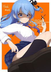 Rule 34 | 1girl, absurdres, alternate costume, black ribbon, black socks, blue eyes, blue nails, blue necktie, blue skirt, blush, border, breasts, brown footwear, character name, collared shirt, dress, eyelashes, foreshortening, hair ribbon, hand up, highres, hololive, hoshimachi suisei, incoming kick, long hair, long sleeves, looking at viewer, lunch boxer, middle finger, nail polish, necktie, one side up, orange background, plaid, plaid skirt, pleated dress, ribbon, school uniform, shaded face, shadow, shirt, sidelocks, simple background, skirt, small breasts, socks, solo, virtual youtuber, white border, white shirt
