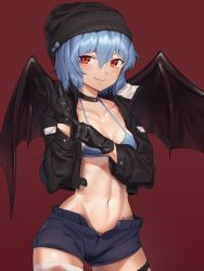 Rule 34 | 1girl, absurdres, adjusting clothes, adjusting gloves, alternate color, alternate costume, bandaged leg, bandages, bandaid, bandaid on cheek, bandaid on face, bat wings, beanie, bikini, bikini top only, bikini under clothes, black choker, black gloves, black hat, black jacket, black shorts, blood, bloody bandages, blue bikini, blue hair, breasts, buttons, choker, collarbone, cowboy shot, cropped jacket, fang, gloves, goback, groin, hands up, hat, highres, jacket, long sleeves, looking at viewer, navel, open clothes, open fly, open jacket, open shorts, red background, red eyes, remilia scarlet, short hair, short shorts, shorts, simple background, small breasts, smile, solo, stomach, string bikini, swimsuit, thigh strap, touhou, unbuttoned, wings