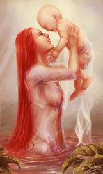 Rule 34 | alternate universe, baby, baby carry, blouse, breasts, carrying, covered erect nipples, facial mark, large breasts, long hair, mother and son, naruto (series), naruto shippuuden, nipples, open clothes, open shirt, orin (artist), outdoors, realistic, red hair, see-through, shirt, smile, uzumaki kushina, uzumaki naruto, very long hair, wading, water, wet, wet hair, whisker markings, white shirt, aged down