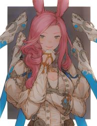 Rule 34 | 1693193543, 1girl, animal ears, blue eyes, border, breasts, cleavage, cleavage cutout, closed mouth, clothing cutout, final fantasy, final fantasy xiv, floating, floating object, floating weapon, gloves, half gloves, hatching (texture), long hair, pink hair, pink lips, pocket watch, pouch, puffy sleeves, rabbit ears, sage (final fantasy), smile, solo, viera, warrior of light (ff14), watch, weapon, white border, white gloves