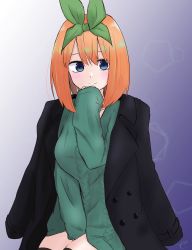 Rule 34 | 1girl, absurdres, aran sweater, between legs, black jacket, blue eyes, breasts, cable knit, closed mouth, commentary request, eyebrows hidden by hair, go-toubun no hanayome, green ribbon, green sweater, hair between eyes, hair ribbon, hand between legs, hand up, highres, jacket, jacket on shoulders, kujou karasuma, long sleeves, looking at viewer, medium breasts, nakano yotsuba, orange hair, ribbon, sitting, sleeves past wrists, smile, solo, sweater