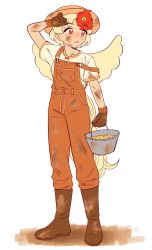 Rule 34 | 1girl, animal, animal on head, bird, bird on head, bird tail, bird wings, blonde hair, boots, brown footwear, bucket, caramelized tomatoes, carrying, chick, chicken, dirt, dirty, dirty clothes, feathered wings, highres, niwatari kutaka, on head, orange overalls, overalls, shirt, simple background, solo, t-shirt, tail, touhou, white background, wings, yellow wings