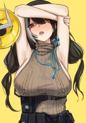 Rule 34 | 1girl, absurdres, armpits, arms up, black hair, blush, breasts, girls&#039; frontline, hair between eyes, heterochromia, highres, id card, kuro (zhurunbo1997), lanyard, large breasts, long hair, low twintails, megaphone, mod3 (girls&#039; frontline), multicolored hair, open mouth, pouch, red eyes, ribbed sweater, ro635 (girls&#039; frontline), ro635 (mod3) (girls&#039; frontline), sleeveless, sleeveless sweater, solo, strap, streaked hair, sweater, turtleneck, turtleneck sweater, twintails, white hair, yellow eyes