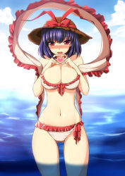 Rule 34 | 1girl, alternate headwear, bad id, bad pixiv id, bare shoulders, bikini, blue sky, blush, breast suppress, breasts, cleavage, cloud, day, embarrassed, female focus, frilled bikini, frills, hat, heart, heart hands, large breasts, legs, looking at viewer, nagae iku, narumizg, navel, ocean, open mouth, purple hair, red eyes, revision, shawl, short hair, sky, solo, straw hat, swimsuit, thighs, touhou, water, wide hips