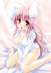 Rule 34 | 1girl, animal ears, bad id, bad pixiv id, barefoot, bed sheet, blush, bottomless, breasts, cleavage, dress shirt, female focus, long hair, looking at viewer, naked shirt, open clothes, open mouth, open shirt, open skirt, pink hair, rabbit ears, red eyes, reisen udongein inaba, sasakuma kyouta, shirt, sitting, skirt, solo, touhou, v arms, very long hair, wariza
