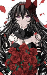 Rule 34 | akemi homura, akuma homura, armband, bouquet, bow, flower, hair bow, highres, holding, holding bouquet, looking at viewer, mahou shoujo madoka magica, mahou shoujo madoka magica: hangyaku no monogatari, misteor, petals, red bow, rose, simple background, smile, solo, upper body, white background