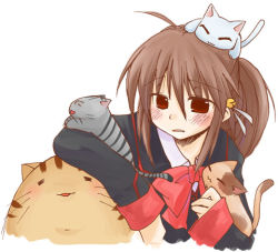 Rule 34 | 1girl, ahoge, animal, blush, bow, bowtie, brown hair, cat, clenched teeth, doruji, frown, lennon, little busters!, lowres, makiemon, natsume rin, ponytail, red bow, red bowtie, red eyes, simple background, teeth, too many, too many cats, upper body, white background