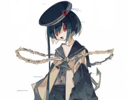 Rule 34 | 1boy, androgynous, bad source, black hair, chain, glitch, hat, hello hello world!, highres, long sleeves, meto (metrin), official art, open mouth, red eyes, second-party source, short hair with long locks, smile, solo, symbol-shaped pupils, unknown (hello hello world!), white background