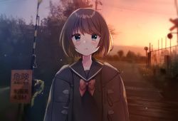 Rule 34 | 1girl, :t, arms at sides, bad id, bad pixiv id, black jacket, black sailor collar, black shirt, blue eyes, blush, bow, bowtie, brown hair, closed mouth, commentary request, hair between eyes, jacket, looking at viewer, minami saki, open clothes, open jacket, original, outdoors, pout, red bow, red bowtie, sailor collar, school uniform, serafuku, shirt, short hair, sign, sky, solo, standing, sunset, translation request, upper body