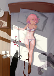 Rule 34 | 1girl, absurdres, alternate costume, bed, blush, bra, breasts, er ci gudu, fate/grand order, fate (series), from above, full body, glasses, hair over one eye, highres, looking at viewer, lying, mash kyrielight, medium breasts, on back, on bed, panties, pantyhose, pink hair, purple eyes, reaching, reaching towards viewer, short hair, slippers, smile, solo, underwear, unworn clothes, unworn eyewear, unworn pantyhose, window shadow
