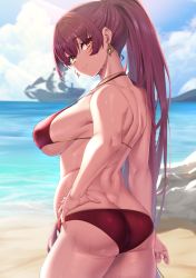 Rule 34 | 1girl, ass, back, beach, bikini, blush, breasts, butt crack, closed mouth, cowboy shot, duplicate, earrings, from behind, hand on own hip, heart, heart earrings, heterochromia, highres, hololive, houshou marine, houshou marine (summer), jewelry, large breasts, looking at viewer, looking back, moisture (chichi), muscular, muscular female, necklace, ocean, outdoors, pirate ship, ponytail, red bikini, red eyes, red hair, smile, swimsuit, thighs, virtual youtuber, water, wet, yellow eyes