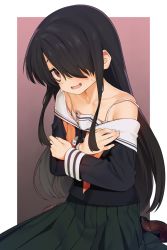 Rule 34 | 1girl, bare shoulders, black hair, border, brown eyes, collarbone, commission, covering privates, covering breasts, embarrassed, female focus, gradient background, green skirt, hair over one eye, izumozaki neneko, loafers, long hair, long sleeves, looking at viewer, miyamae (miyazen9311), off shoulder, open mouth, partially undressed, school uniform, shironagasushima heno kikan, shoes, sidelocks, sitting, skeb commission, skirt, solo, spaghetti strap, strap slip, sweat, unbuttoned, underwear, wariza, wavy mouth, white border