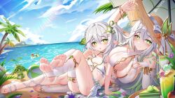 2girls :o absurdres alternate_costume aranara_(genshin_impact) artist_name ball bare_shoulders beach beachball bikini blue_sky blush body_markings braid breasts bridal_gauntlets cake cake_slice chinese_commentary cleavage clothing_cutout cloud cloudy_sky commentary_request crab day drinking_straw feet fingernails food full_body genshin_impact gluteal_fold gold_trim gradient_hair green_eyes green_hair hair_between_eyes hair_ornament hand_up hat hat_ornament hat_ribbon highres jndfh large_breasts leaf_hair_ornament long_hair looking_at_viewer lying multicolored_hair multiple_girls nahida_(genshin_impact) navel navel_cutout on_side outdoors palm_tree panties parted_lips pixiv_logo pointy_ears ribbon rukkhadevata_(genshin_impact) see-through_clothes see-through_skirt side-tie_skirt side_ponytail simple_bird single_thighhigh skirt sky smile stirrup_legwear straw_hat streaked_hair sunlight swimsuit symbol-shaped_pupils thighhighs toeless_legwear toenails toes tree underwear very_long_hair water wet white_bikini white_bridal_gauntlets white_footwear white_hair white_panties white_ribbon white_thighhighs