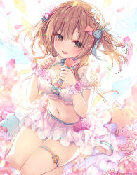 Rule 34 | 1girl, ahoge, banned artist, braid, breasts, brown eyes, brown hair, crop top, flower, frilled shirt, frills, halterneck, halterneck, holding, konomi (kino konomi), long hair, looking at viewer, medium breasts, microphone, midriff, miniskirt, navel, open mouth, original, pink flower, pink shirt, pink skirt, rose, shirt, shoes, short sleeves, skindentation, skirt, smile, solo, stomach, thigh strap, thighs, twintails