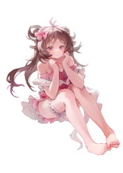Rule 34 | 1girl, absurdres, ahoge, animal ears, arknights, bare legs, bare shoulders, barefoot, bikini, blush, breasts, bridal garter, brown hair, closed mouth, commentary, eyjafjalla (arknights), eyjafjalla (summer flower) (arknights), flower, frilled one-piece swimsuit, frilled swimsuit, frills, full body, hair flower, hair ornament, hair rings, hibiscus, highres, horns, ibbca, long hair, looking at viewer, medium breasts, off-shoulder bikini, off shoulder, official alternate costume, one-piece swimsuit, pink bikini, pink eyes, plaid, plaid swimsuit, sheep ears, sheep horns, simple background, smile, solo, swimsuit, thigh strap, white background