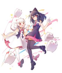 Rule 34 | 2girls, :d, animal ears, ankle bow, ankle ribbon, anklet, artist name, bare arms, bcy, black bow, black footwear, black hair, black shirt, black thighhighs, black vest, bow, cat ears, cat hair ornament, closed mouth, collared dress, collared shirt, confetti, dated, dress, full body, gloves, hair bow, hair ornament, hand up, holding hands, huhu, interlocked fingers, jewelry, layered dress, leg up, looking at viewer, low twintails, medium hair, miao jiujiu, miniskirt, multiple girls, neck ribbon, open clothes, open mouth, open vest, pink bow, pink footwear, pink ribbon, pink skirt, pleated skirt, ponytail, red eyes, ribbon, ruan miemie, ruru (lulubuu), shirt, skirt, sleeveless, sleeveless shirt, smile, teeth, thighhighs, twintails, upper teeth only, vest, white background, white dress, white gloves, white hair, white thighhighs, zettai ryouiki