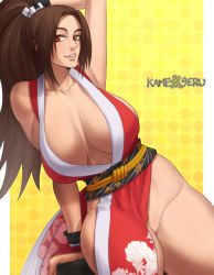 Rule 34 | 1girl, arm guards, arm support, armpits, bare shoulders, border, breasts, brown eyes, brown hair, cleavage, fatal fury, high ponytail, huge breasts, kameseru, long hair, midriff peek, ninja, no bra, no panties, obi, parted lips, pelvic curtain, ponytail, revealing clothes, sash, shiranui mai, sitting, solo, the king of fighters, thick thighs, thighs, white border, yellow background