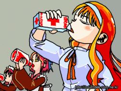 Rule 34 | 00s, 3girls, blood, bottle, drink, hisui (tsukihime), kohaku (tsukihime), lowres, multiple girls, siblings, sisters, tohno akiha, tsukihime, twins