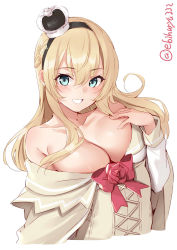 Rule 34 | 1girl, black hairband, blonde hair, blue eyes, blush, breasts, cleavage, collarbone, cropped torso, crown, dress, ebifurya, flower, hair between eyes, hairband, highres, kantai collection, large breasts, long hair, long sleeves, mini crown, off-shoulder dress, off shoulder, one-hour drawing challenge, open mouth, red flower, red ribbon, red rose, ribbon, rose, simple background, smile, solo, twitter username, warspite (kancolle), white background, white dress