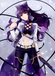 Rule 34 | 1girl, absurdres, assa 2, black pants, blake belladonna, bow, breasts, cleavage, crop top, floating hair, hair bow, head tilt, highres, holding, holding weapon, jacket, long hair, long sleeves, looking at viewer, medium breasts, midriff, navel, open clothes, open jacket, pants, parted lips, purple bow, purple hair, rwby, skin tight, solo, standing, stomach, very long hair, weapon, white jacket, yellow eyes