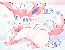 Rule 34 | blue eyes, commentary request, creatures (company), dated, full body, game freak, gen 6 pokemon, heart, highres, looking at viewer, nintendo, no humans, okoge (simokaji), open mouth, pokemon, pokemon (creature), signature, solo, sylveon, toes, tongue