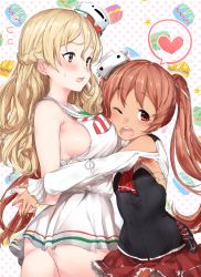 Rule 34 | 2girls, :d, ;d, blonde hair, blush, breasts, brown eyes, brown hair, cosplay, costume switch, cowboy shot, d:, dress, half updo, heart, kantai collection, large breasts, libeccio (kancolle), looking at viewer, miniskirt, multiple girls, one eye closed, open mouth, panties, pantyshot, pleated skirt, polka dot, polka dot background, red skirt, sailor dress, sideboob, simple background, skirt, smile, spoken heart, standing, twintails, underwear, yakitomato, yellow eyes, zara (kancolle)