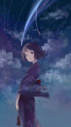 Rule 34 | 10s, 1girl, absurdres, black hair, brown eyes, crying, crying with eyes open, eveabyss, from side, highres, holding, japanese clothes, kimi no na wa., kimono, looking at viewer, miyamizu mitsuha, sash, short hair, sky, solo, star (sky), starry sky, tears, yukata