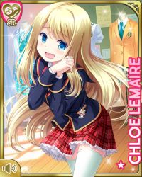 Rule 34 | 1girl, blonde hair, blue eyes, blue jacket, bow, card, character name, chloe lemaire, day, girlfriend (kari), indoors, jacket, long hair, official art, open mouth, plaid, plaid skirt, qp:flapper, red bow, red neckwear, red skirt, school uniform, shirt, skirt, smile, solo, store, tagme, white shirt