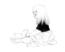 Rule 34 | 1girl, affectionate, aged down, animal, blunt bangs, child, dog, dress, dungeon meshi, falin touden, falin touden (tallman), flats, from side, frs2, full body, greyscale, highres, layered sleeves, long hair, long sleeves, monochrome, outstretched arm, pants, profile, puppy, short over long sleeves, short sleeves, simple background, sitting