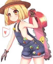 Rule 34 | 1girl, arm up, armpits, badge, blonde hair, chainsaw, chawan (yultutari), denim, denim shorts, fate/grand order, fate (series), flat chest, gloves, hat, heart, highres, holding, naked overalls, overalls, paul bunyan (fate), paul bunyan (third ascension) (fate), short hair, short shorts, shorts, simple background, smile, solo, spoken heart, sun hat, weapon, white background, yellow eyes