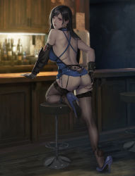 Rule 34 | 1girl, absurdres, alternate costume, ass, ass support, back, bar (place), bare shoulders, between labia, black hair, black panties, black thighhighs, blue footwear, blush, breasts, earrings, final fantasy, final fantasy vii, fingerless gloves, from behind, full body, garter belt, gauntlets, gloves, high heels, highres, huge filesize, indoors, jeneral, jewelry, large breasts, long hair, looking at viewer, looking back, panties, pussy, pussy peek, red eyes, solo, spread ass, spread pussy under clothes, square enix, standing, thighhighs, thighs, thong, tifa lockhart, tifa lockhart (refined dress), underwear, wedgie