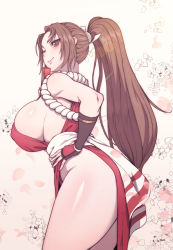 Rule 34 | 1girl, breasts, brown eyes, brown hair, carcass (artist), fatal fury, female focus, folded fan, folding fan, hand fan, hand on own hip, high ponytail, highres, holding, holding fan, large breasts, long hair, looking at viewer, matching hair/eyes, ninja, no bra, no panties, one eye closed, pelvic curtain, ponytail, revealing clothes, rope, shiranui mai, sideboob, smile, snk, solo, the king of fighters, thighs, white rope, wink