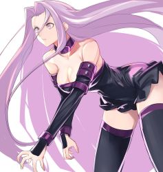 Rule 34 | 1girl, black dress, black hair, breasts, choker, cleavage, commentary request, cowboy shot, detached sleeves, dress, fate/stay night, fate (series), highres, large breasts, leaning forward, long hair, looking away, medusa (fate), medusa (rider) (fate), parted lips, purple eyes, purple hair, simple background, sleeveless, sleeveless dress, solo, square pupils, strapless, strapless dress, tetsu (kimuchi), thighhighs, very long hair, white background, zettai ryouiki