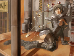 Rule 34 | 1girl, alien1452, armor, battle, boots, breasts, brown hair, gun, police, science fiction, solo, weapon