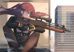 Rule 34 | 1girl, aiming, arms on knees, bipod, bird, black footwear, black pantyhose, black skirt, blazer, braid, breasts, building, bullpup, cityscape, crossed legs, day, dust, floating hair, french braid, girls&#039; frontline, gloves, gun, hair ribbon, half updo, highres, holding, holding gun, holding weapon, ina (inadiary), jacket, large breasts, long hair, necktie, one side up, outdoors, panties, panties under pantyhose, pantyhose, pelvic curtain, purple hair, red eyes, red necktie, red ribbon, ribbon, rifle, rooftop, serious, shirt, shoes, sitting, skirt, sniper rifle, solo, tsurime, underwear, very long hair, wa2000 (girls&#039; frontline), walther, walther wa 2000, weapon, wind