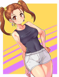 Rule 34 | 1girl, black tank top, breasts, brown eyes, brown hair, closed mouth, commentary, commission, contemporary, cougar (cougar1404), covered navel, cowboy shot, denim, denim shorts, dragon quest, dragon quest viii, dutch angle, earrings, hair ornament, hand on own hip, jessica albert, jewelry, large breasts, light blush, looking at viewer, medium hair, short shorts, shorts, skeb commission, smile, solo, standing, tank top, twintails, white shorts