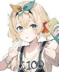 Rule 34 | 1girl, :o, absurdres, alternate costume, alternate hairstyle, black hairband, blonde hair, blue eyes, blush, bracelet, casual, cellphone, collarbone, commentary, crossed bangs, hair ribbon, hairband, highres, holding, holding phone, hololive, jewelry, kazama iroha, medium hair, overalls, parted lips, phone, ribbon, ring, scrunchie, selfie, shirt, short sleeves, short twintails, simple background, smartphone, solo, sweatdrop, twintails, upper body, v, virtual youtuber, white background, yellow shirt, yoshioka (today is kyou)