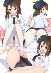 Rule 34 | 10s, 1girl, :d, amaretto (girls und panzer), antenna hair, anzio school uniform, ass, bad id, bad pixiv id, beret, black hair, black headwear, black neckwear, black panties, black skirt, breasts, brown eyes, brown hair, cameltoe, cleft of venus, closed mouth, clothes lift, collared shirt, dress shirt, full body, girls und panzer, grin, hat, highres, knees up, long hair, long sleeves, looking back, lying, medium breasts, multiple views, necktie, on back, on stomach, open mouth, panties, panties under pantyhose, pantyhose, pantyhose around one leg, pillow, pink panties, pleated skirt, ponytail, school uniform, shirt, short hair, sidelocks, sideways mouth, simple background, sitting, skirt, skirt lift, smile, sweatdrop, underwear, v-shaped eyebrows, white background, white panties, white pantyhose, white shirt, white sleeves, yes-no pillow, yoi naosuke