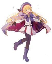 Rule 34 | 1girl, artoria caster (fate), artoria caster (second ascension) (fate), artoria pendragon (fate), beret, black gloves, blonde hair, boots, bow, cape, closed eyes, dress, fate/grand order, fate (series), gloves, hat, highres, long hair, namiharuru, outstretched arms, pantyhose, white background, white dress