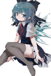 Rule 34 | 1girl, blue bow, blue dress, blue eyes, blue hair, bow, cirno, collared shirt, dress, foot out of frame, grey thighhighs, hair bow, highres, ice, ice wings, knees together feet apart, looking at viewer, medium hair, neck ribbon, no shoes, pinafore dress, pointy ears, red ribbon, reddizen, ribbon, shirt, short sleeves, simple background, sleeveless, sleeveless dress, solo, thighhighs, touhou, white background, white shirt, wings