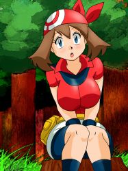 Rule 34 | 1girl, bike shorts, black socks, blue eyes, blush, breasts, brown hair, creatures (company), game freak, grass, head scarf, highres, large breasts, looking at viewer, may (pokemon), nintendo, open mouth, pokemon, red headwear, red shirt, shirt, short hair, short sleeves, sinisterserpent, sitting, skirt, socks, solo, tree, white skirt