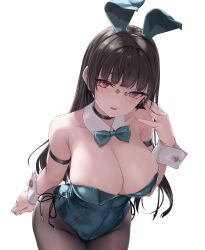 Rule 34 | 1girl, animal ears, aqua leotard, black hair, bow, bowtie, breasts, brown hair, choukai (kancolle), cleavage, cowboy shot, detached collar, fake animal ears, glasses, highres, kantai collection, large breasts, leotard, long hair, looking at viewer, pantyhose, playboy bunny, rabbit ears, red eyes, rokuwata tomoe, solo, strapless, strapless leotard, sweat, traditional bowtie, white background, wrist cuffs